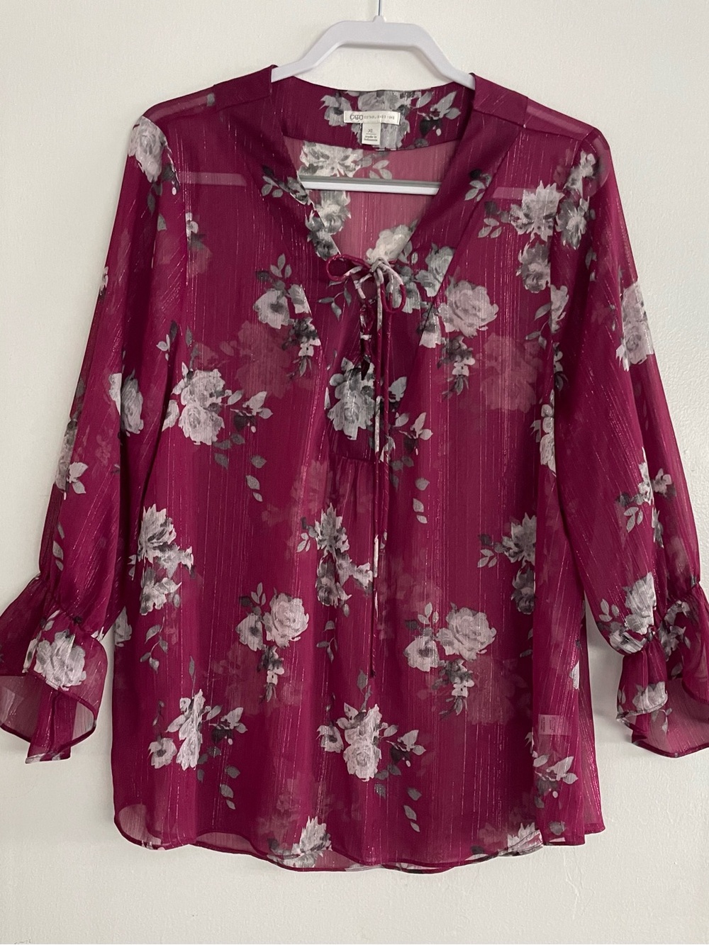 Cato XL Berry Floral Tie-Neck Blouse